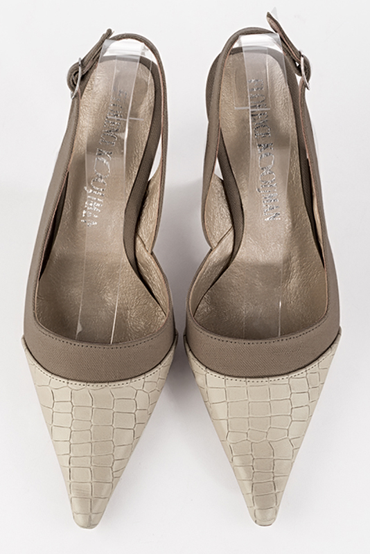 Champagne white and taupe brown women's slingback shoes. Pointed toe. High spool heels. Top view - Florence KOOIJMAN